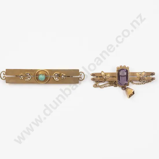 Two NZ 9ct Gold and Gem Bar Brooches