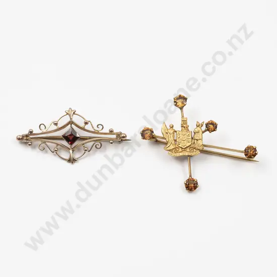 Two NZ 9ct Gold and Gem Bar Brooches