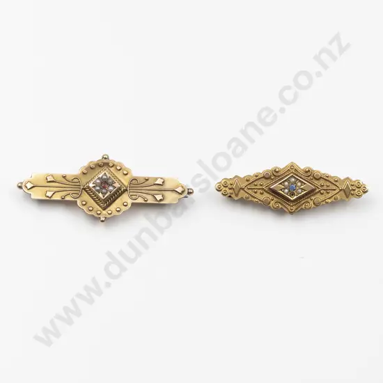 Two NZ 9ct Gold Brooches both lozenge bars set with seed pearls (one missing) marked 'T H 9CT'
