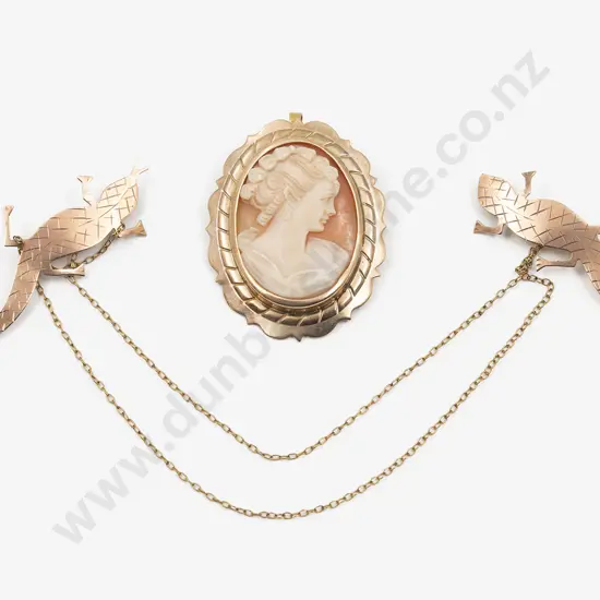 NZ 9ct Pair Lizard Shawl Brooches and Cameo Brooch
