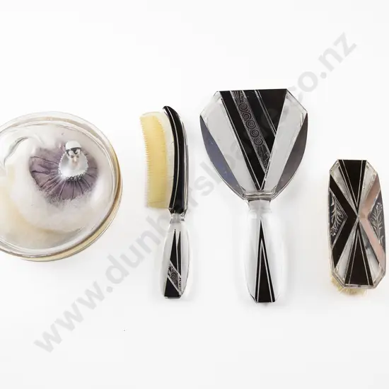 Art Deco Glass Black Overlay Dressing Set