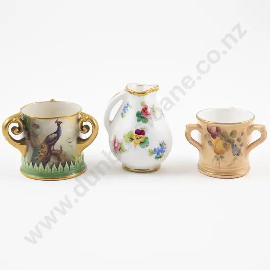 Two Miniature Royal Worcester Three Handled Cups & Miniature Royal Doulton Jug