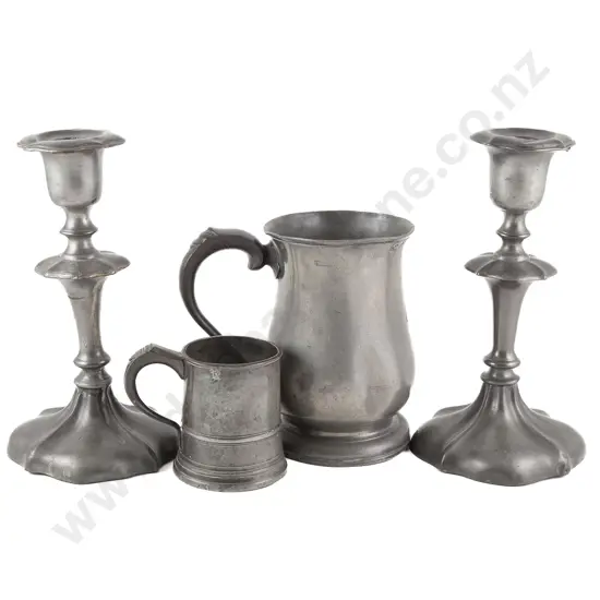 Two Vict Pewter Tankards & Pair Candlesticks