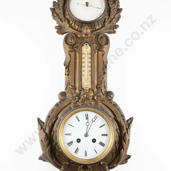 Late Vict Cast Metal Cased Clock Barometer Thermometer
