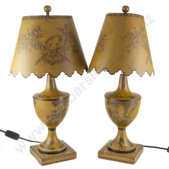 Pair Of Modern Black & Gold Tole Ware Lamps