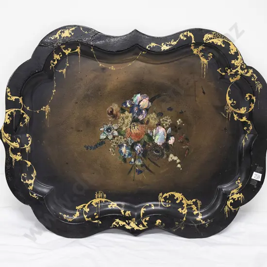 C19th Papier Mache Floral Painted & MOP Inlaid Tray