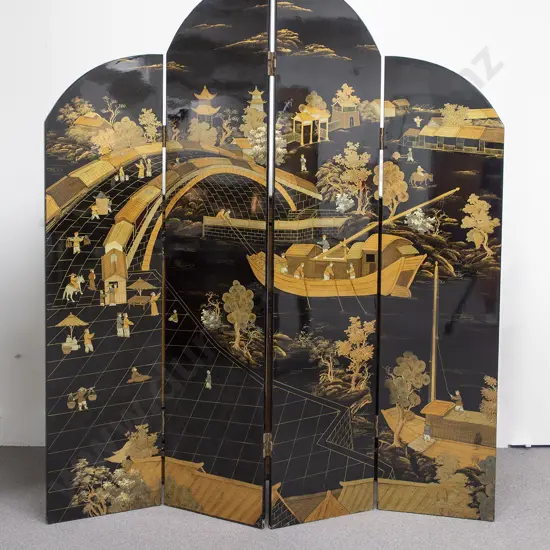 An Attractive C20th Japanese Black Lacquered 4 Panel Dressing Screen