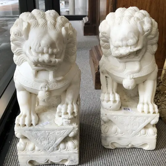 Pair Of Chinese White Marble Foo Dogs