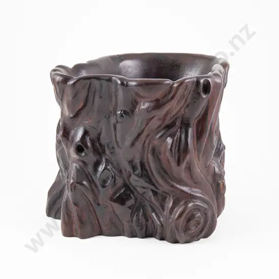 Chinese Hardwood Brush Pot Modelled As A Gnarled Tree Stump