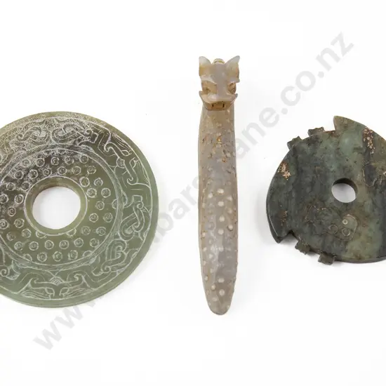 Chinese Celadon Jade Warring States Style Buckle and Two Bi Discs