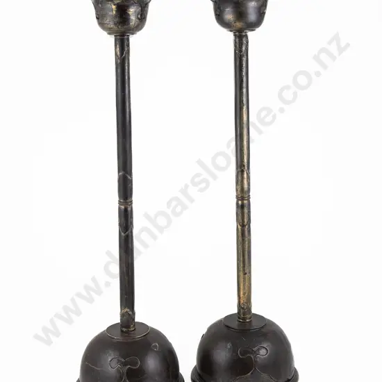 Pair of Japanese Meiji Period Black Lacquer Temple Candlesticks