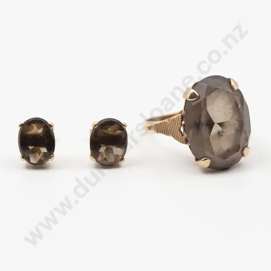 9ct Smokey Quartz Dress Ring and stud earrings