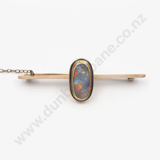 Edwardian 9ct Single Black Opal Bar Brooch