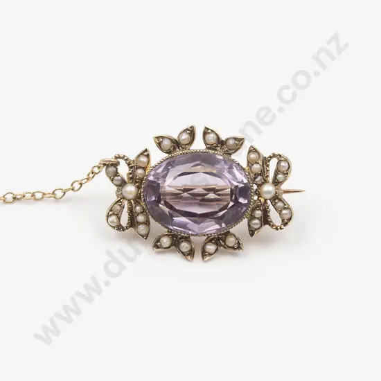 9ct Amethyst and Seed Pearl Brooch