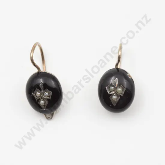 Pair Victorian Silver and Black Enamel Pendant Earrings