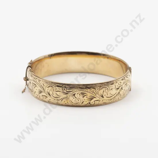 9ct Wide Half Engraved Hinged Snap Bangle