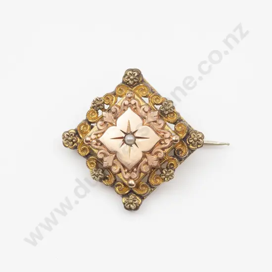 Victorian Gold Plated Fancy Square Brooch