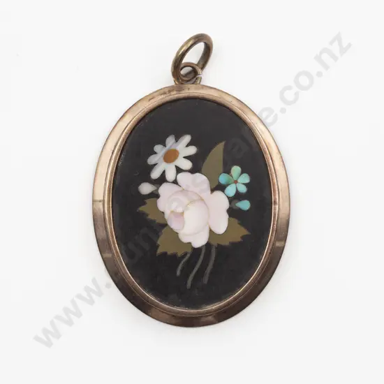 Vintage Italian Petra Dura Floral Inlaid Pendant