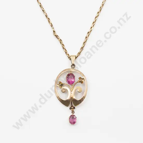 Edwardian 9ct Pink Peridot and Pearl Shield Pendant