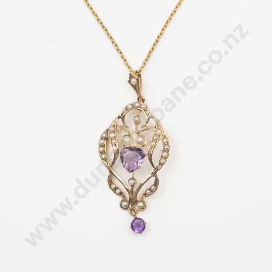 Edwardian 9ct Two Stone Amethyst and Seed Pearl Shield Pendant