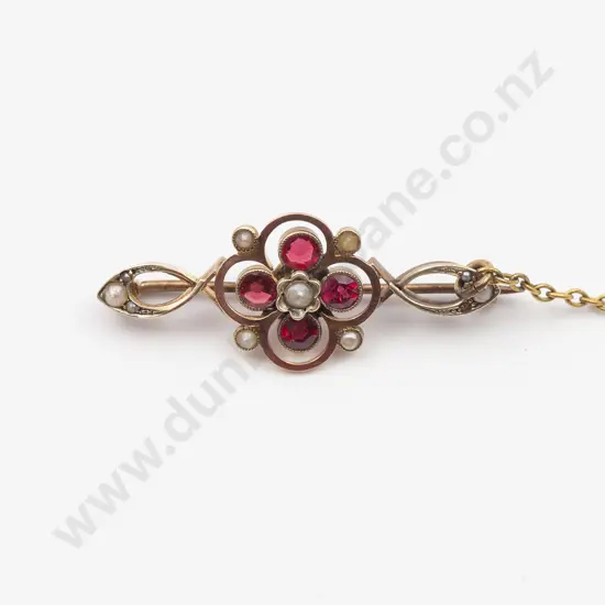 Edwardian Garnet and Seed Pearl Bar Brooch