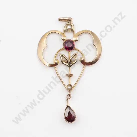 Edwardian 9ct Garnet and Pearl Shield Pendant
