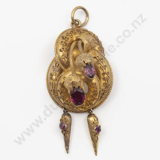 Victorian 14ct Two Stone Garnet Scroll Pendant