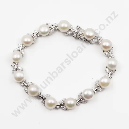 S/S Fresh Water Pearl and Crystal Fancy Bracelet