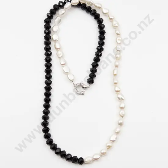 Single Strand Fresh Water Pearl and French Jet Bead Necklace