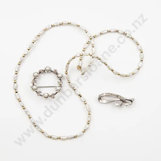 Two Mikimoto S/S and Cultured Pearl Spray Brooches