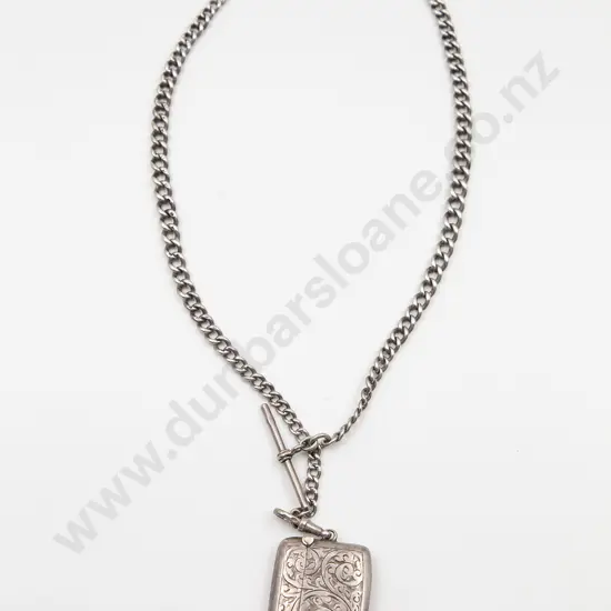 Edwardian S/S Graduated Curb Link Albert Chain and Vesta