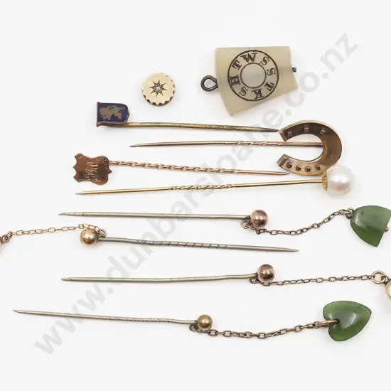 Collection Seven Gold Greenstone and Pearl Stick Pins