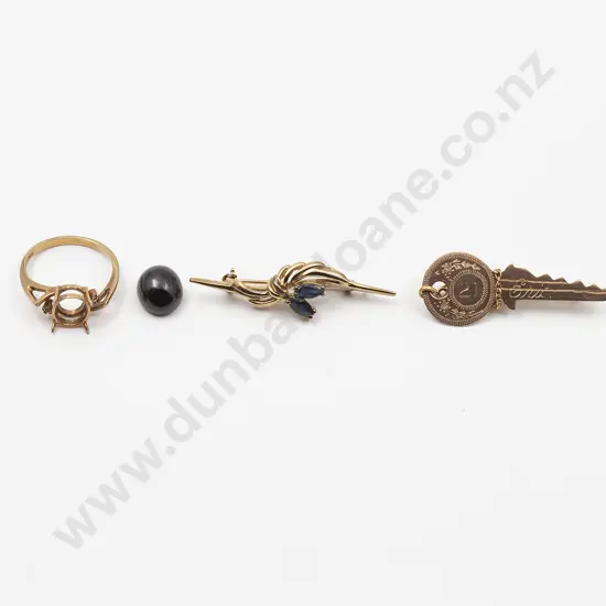 9ct 21st Key Brooch with two stone sapphire brooch and 18ct plate ring mount
