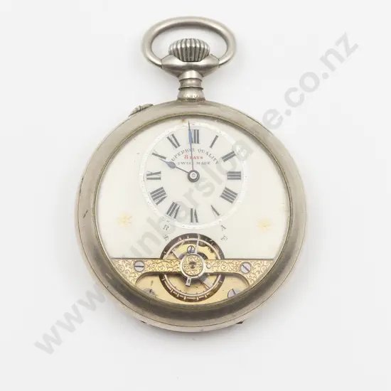 Swiss Made Chrome Plated Open Face 8 Days Lever Wind Pocket Watch