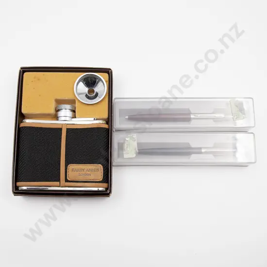 Hardy Amies (London) Hip Flask with Two Parker Pens