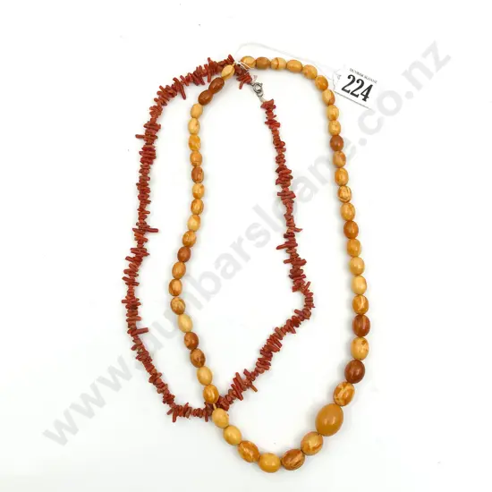 Vintage Single Strand Graduated Amber and Coral Bead Necklaces
