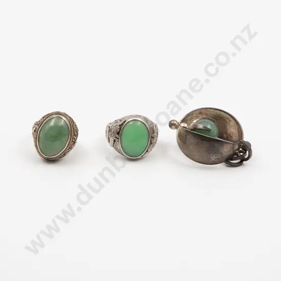 Two Chinese Silver and Jade Style Rings