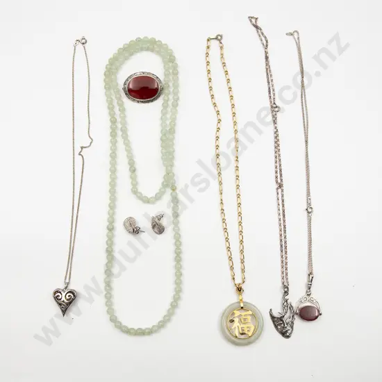 S/S Swivel Fob on Chain with carnelian brooch s/s heart pendant other & bead necklace