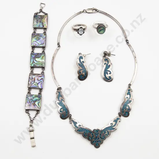 NZ Silver Paua Bracelet with s/s turquoise necklace earrings and two rings