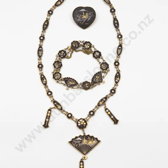 Japanese Shakudo Vintage Damascene Jewellery Set