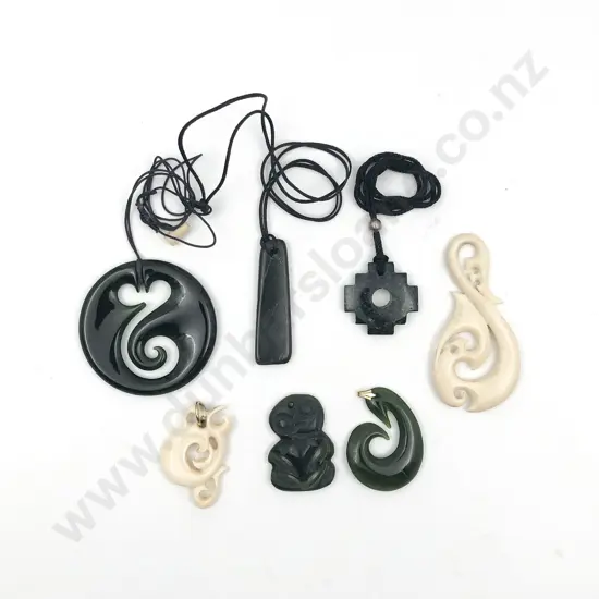 Seven Modern Greenstone and Carve Bone Pendants