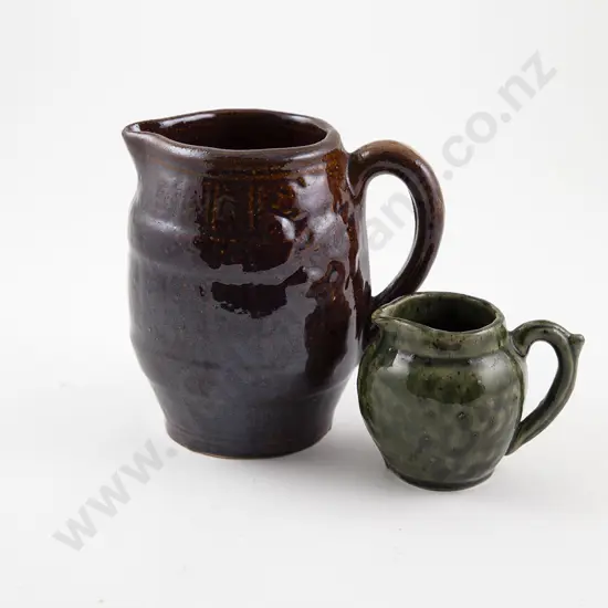 Luke Dams Brown Glazed Barrel Jug & Small Green Cream Jug