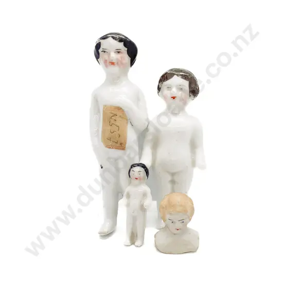 Three Victorian China Frozen Charlottes and China Head