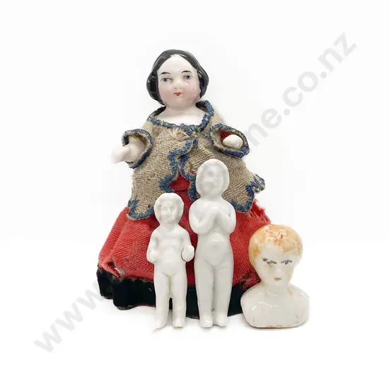 Three Victorian China Frozen Charlottes and China Head