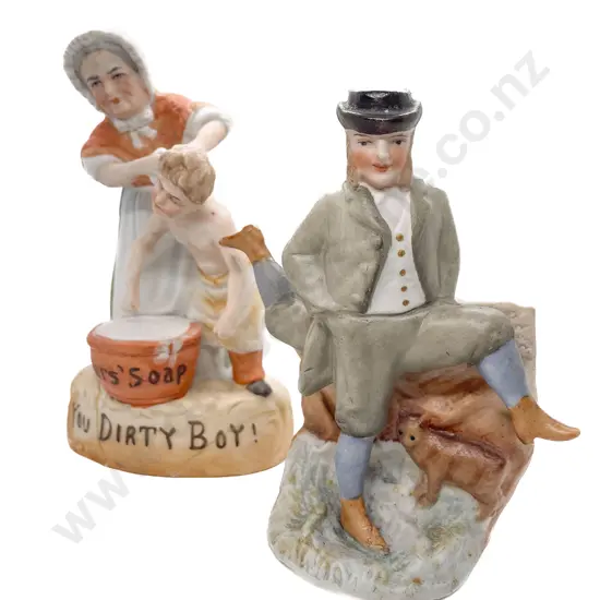 Victorian All Bisque Pears Soap Advertising Figure Group 'You Dirty Boy!' (repaired damage) together with posy vase figured with The Isle of Man