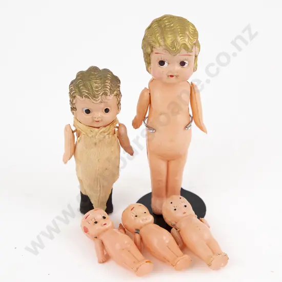 Two Celluloid Fairground Dolls and Three Kewpies
