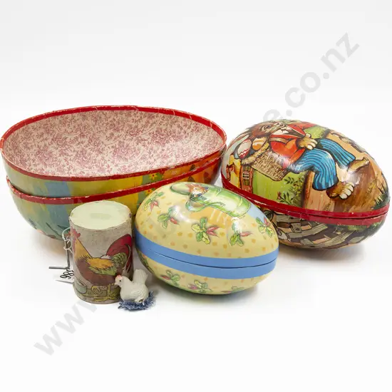 Three Vintage Papier Mache Easter Egg Cases & Hen Voice Box