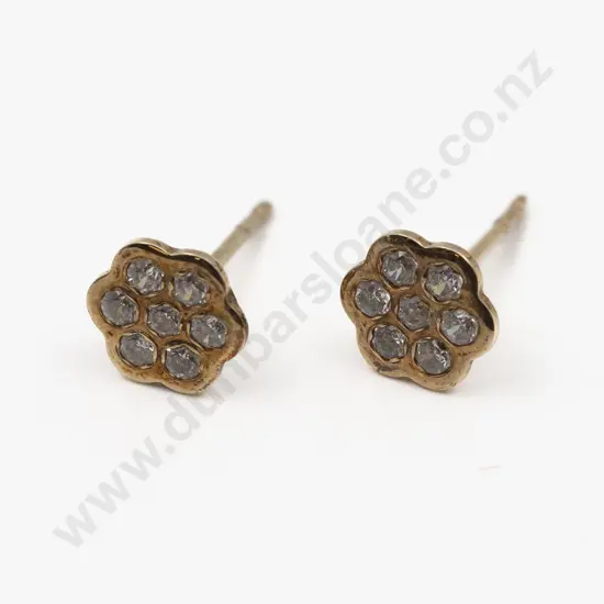 Pair 9ct Seven Stone Diamond Paste Floret Cluster Stud Earrings