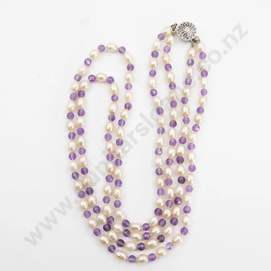Uniform Double Strand Freshwater Pearl and Amethyst Bead Necklace