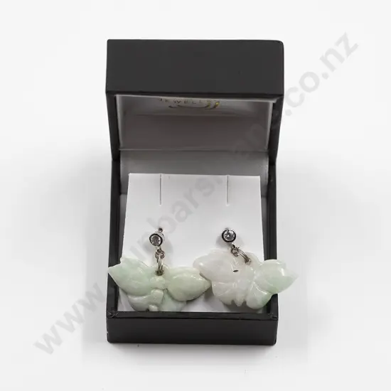 Pair Carved Jade Butterfly Pendant Earrings